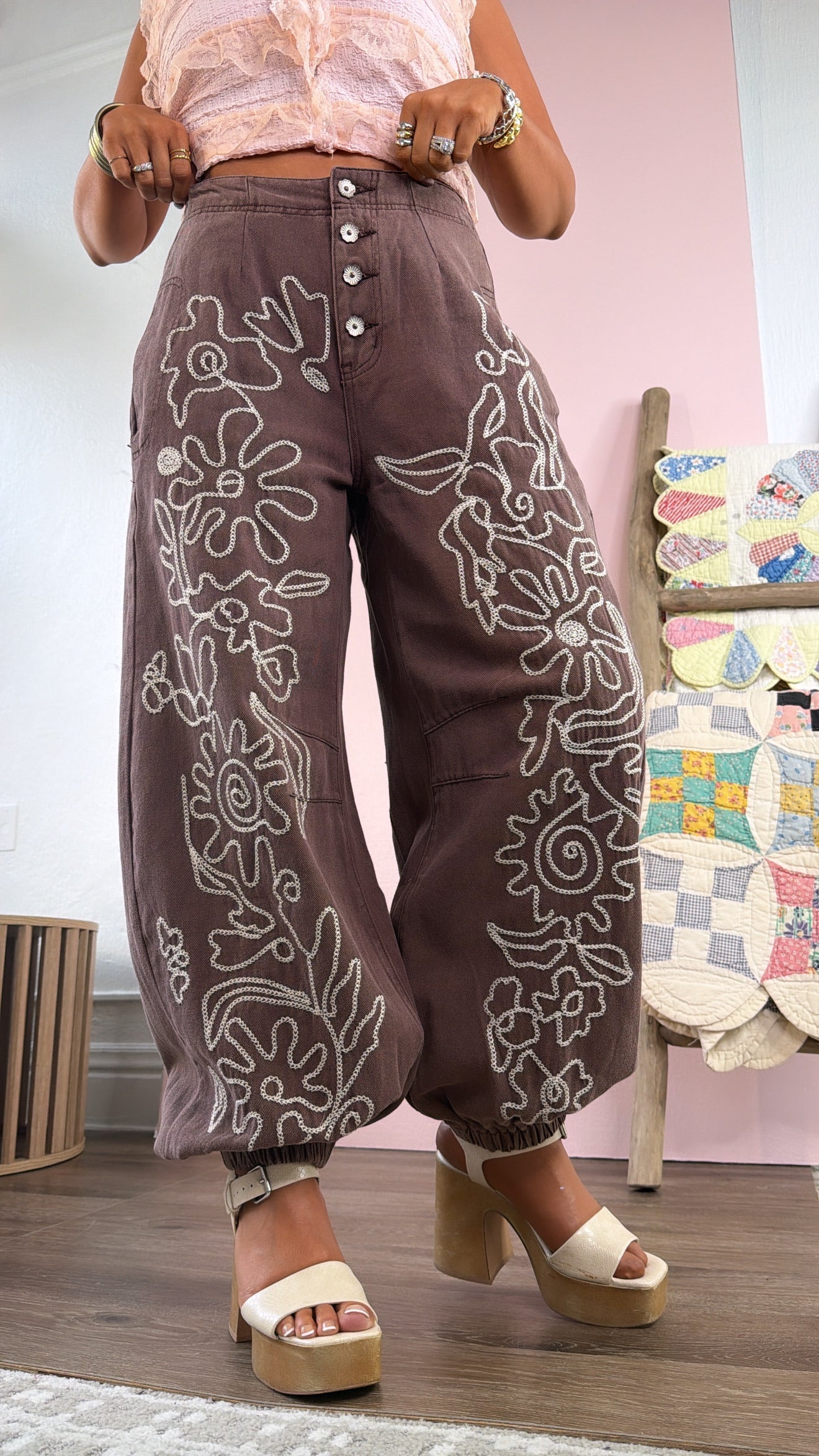 For The Love Of Floral Embroidered Denim Jogger, Mocha