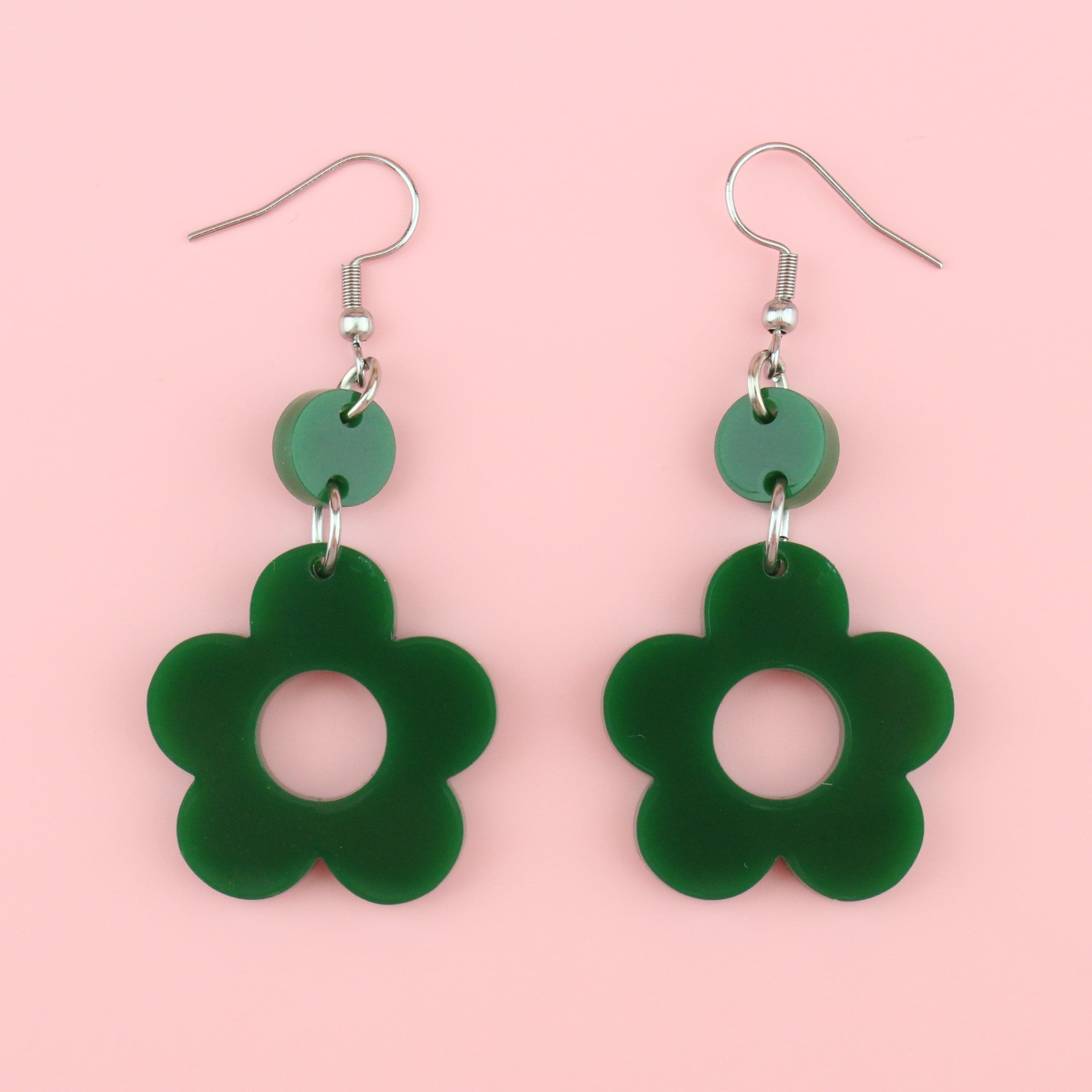Dark Green Flower Power Earrings
